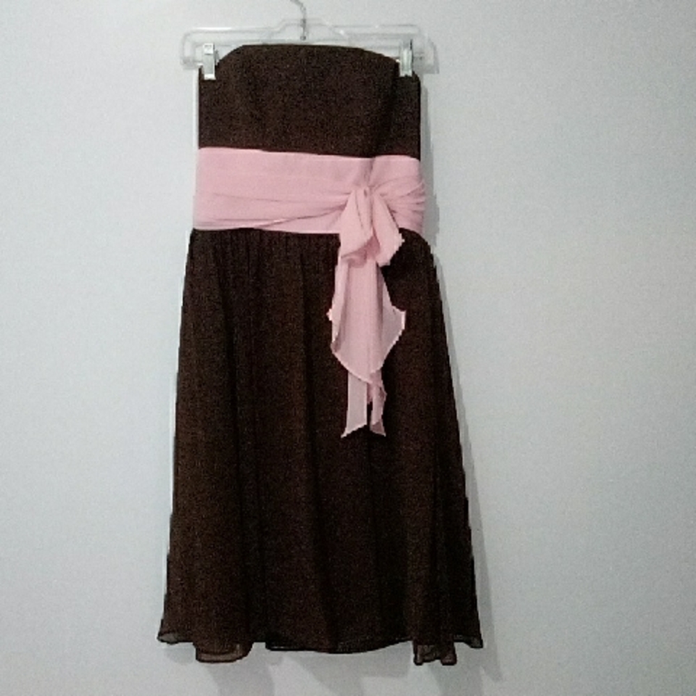 Alfred Angelo Chocolate Brown With Pink Sash Midi Dress